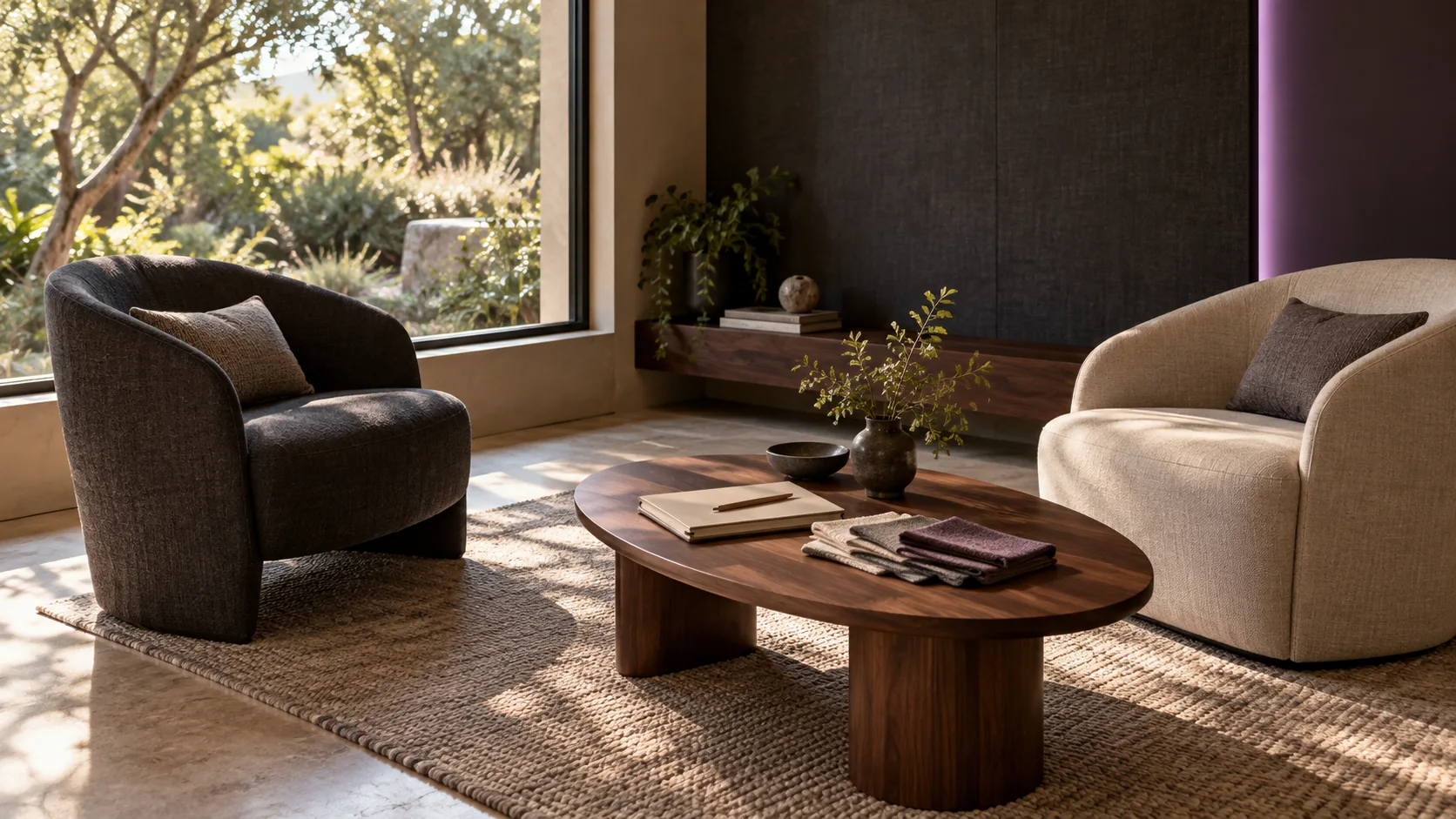 Visualización conceptual de un espacio para conversar, con dos sillones, mesa de trabajo y vista al jardín