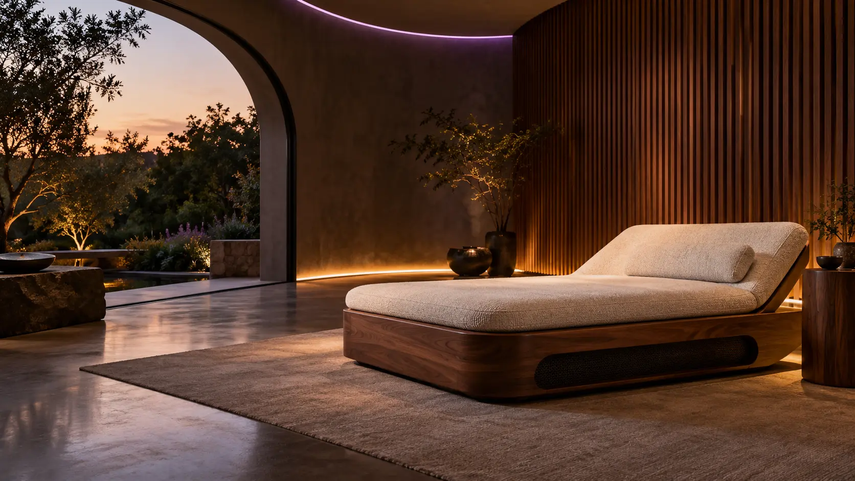 Visualización conceptual de una sala de escucha con cama vibroacústica, madera, luz cálida y jardín