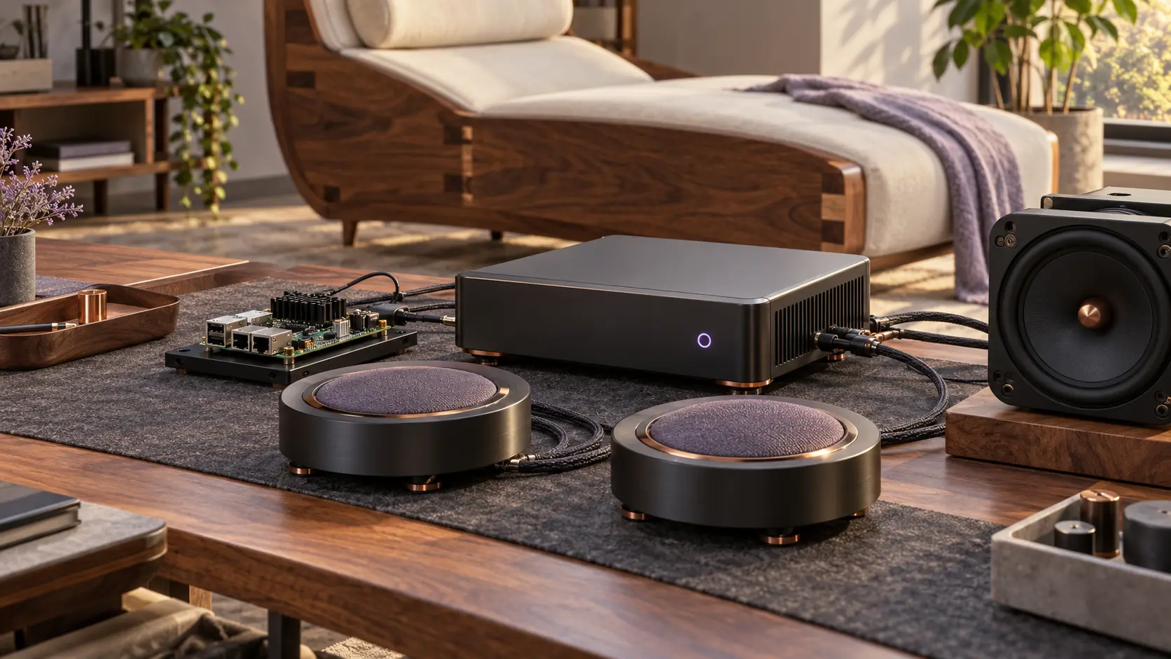 Visualización conceptual de un taller con transductores, altavoz, electrónica y una cama vibrosensorial en desarrollo